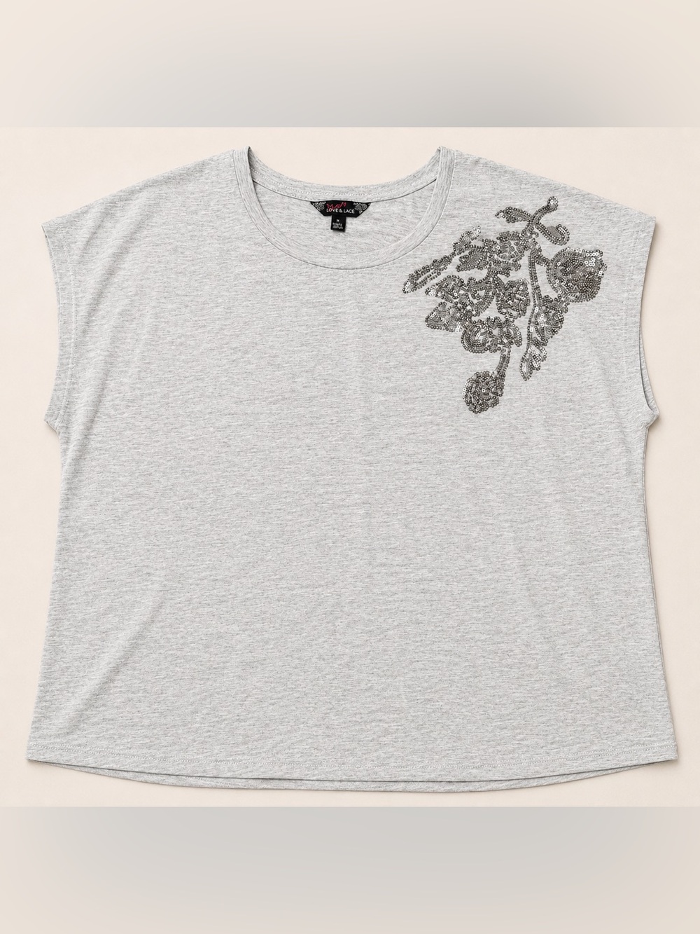 Heather Gray Short Sleeve Tee with Beaded Floral Shoulder